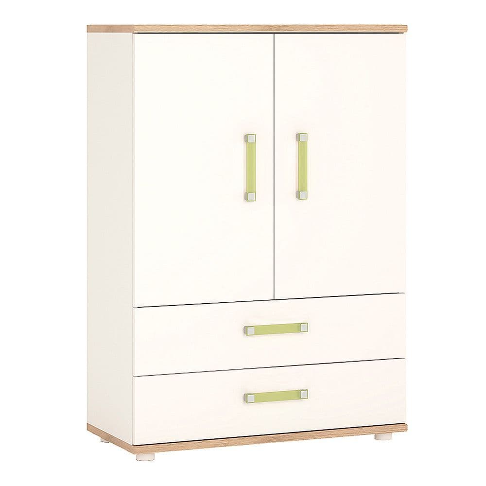 Kinder 2 Door 2 Drawer Cabinet in Light Oak and white High Gloss (lemon handles)